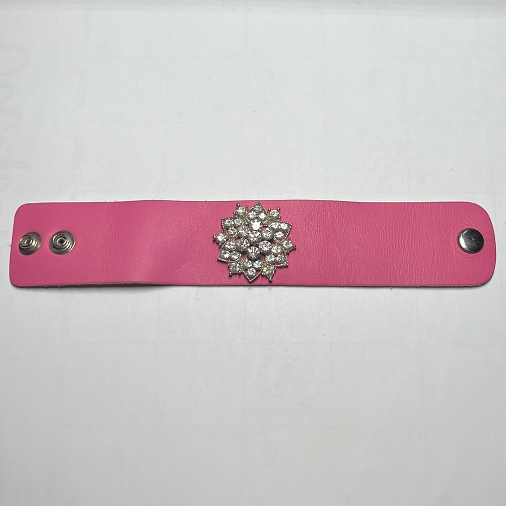 1.25” wide pink leather cuff bracelet with rhinestone flower handmade on Etsy
